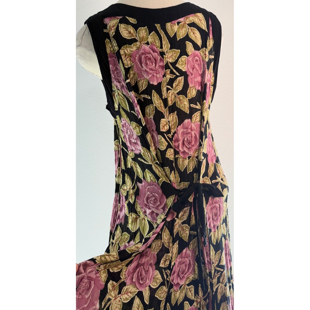 Vintage 90s Y2K Starina Floral Pleated Maxi Dress Black Pink Rose Romantic Med - Picture 5 of 10